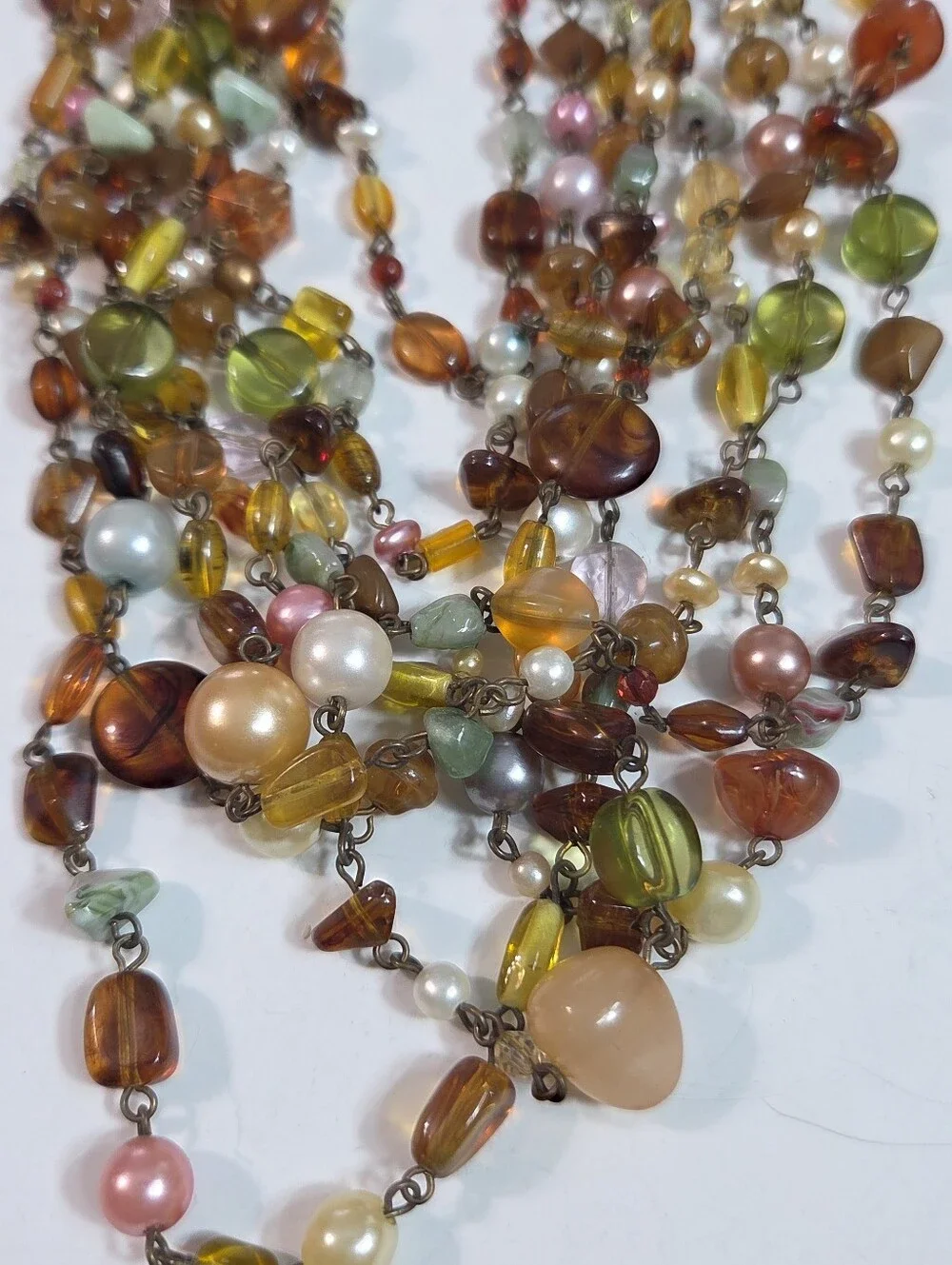 multi stranded beaded faux pearl statement necklace amber green white pink 16in